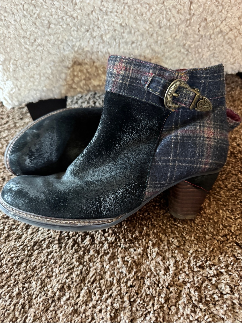 Scott Black Velvet Ankle Boots with Plaid Cuff and Decorative Buckle
